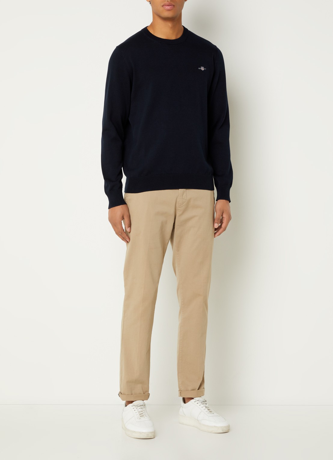 Gant Fijngebreide pullover met logoborduring  - voorkant 2 donkerblauw