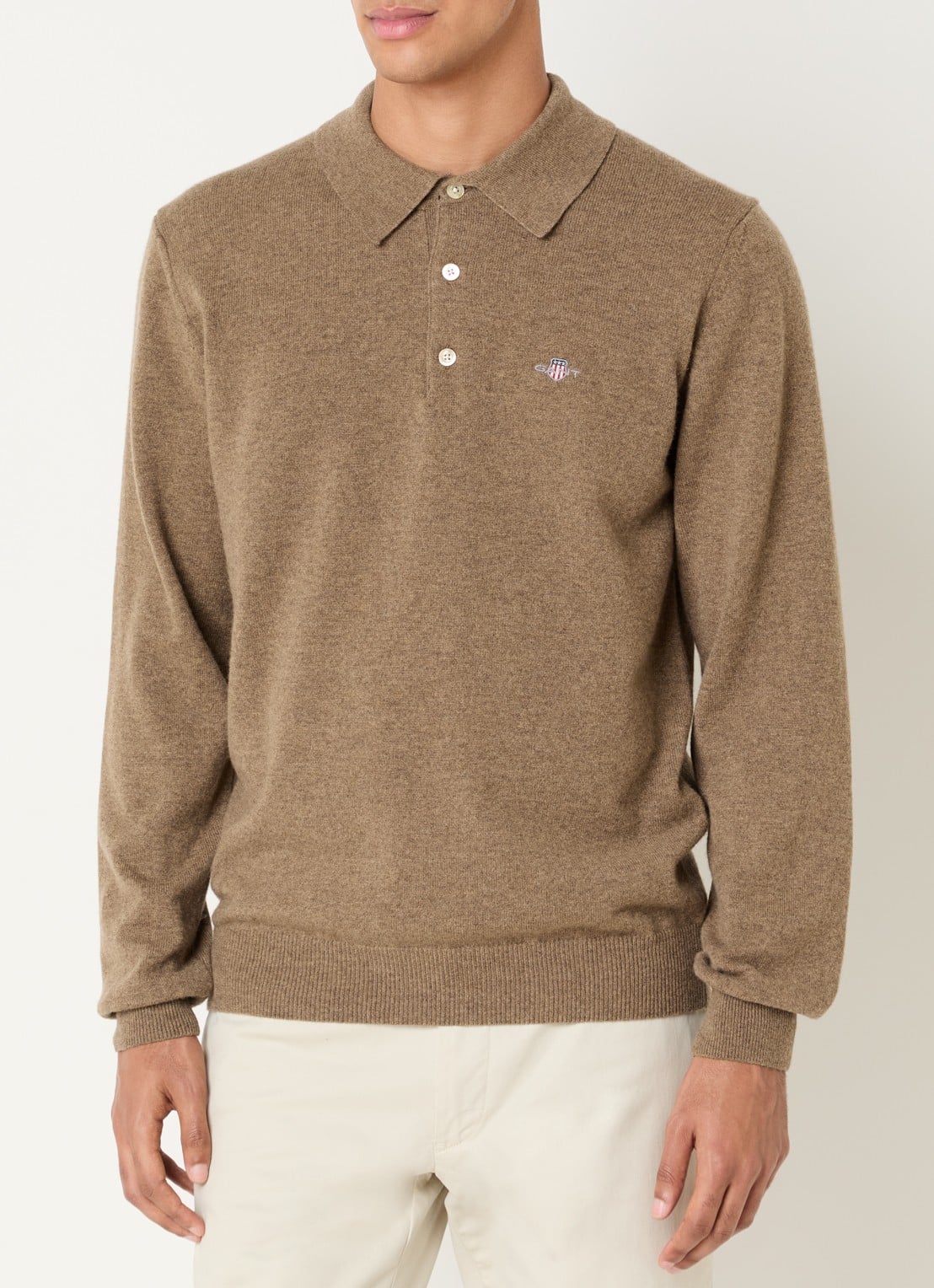 Gant Fijngebreide pullover van lamswol met logoborduring - detail 4 bruin