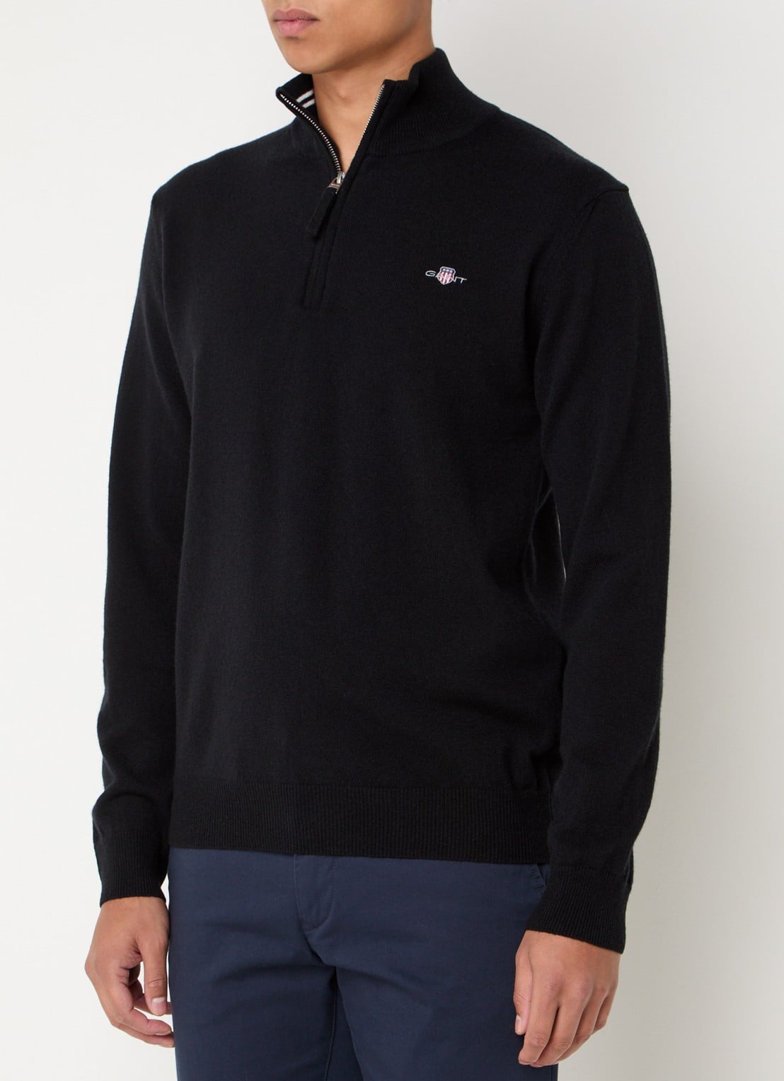 Gant Fijngebreide pullover van wol met halve rits - detail zwart