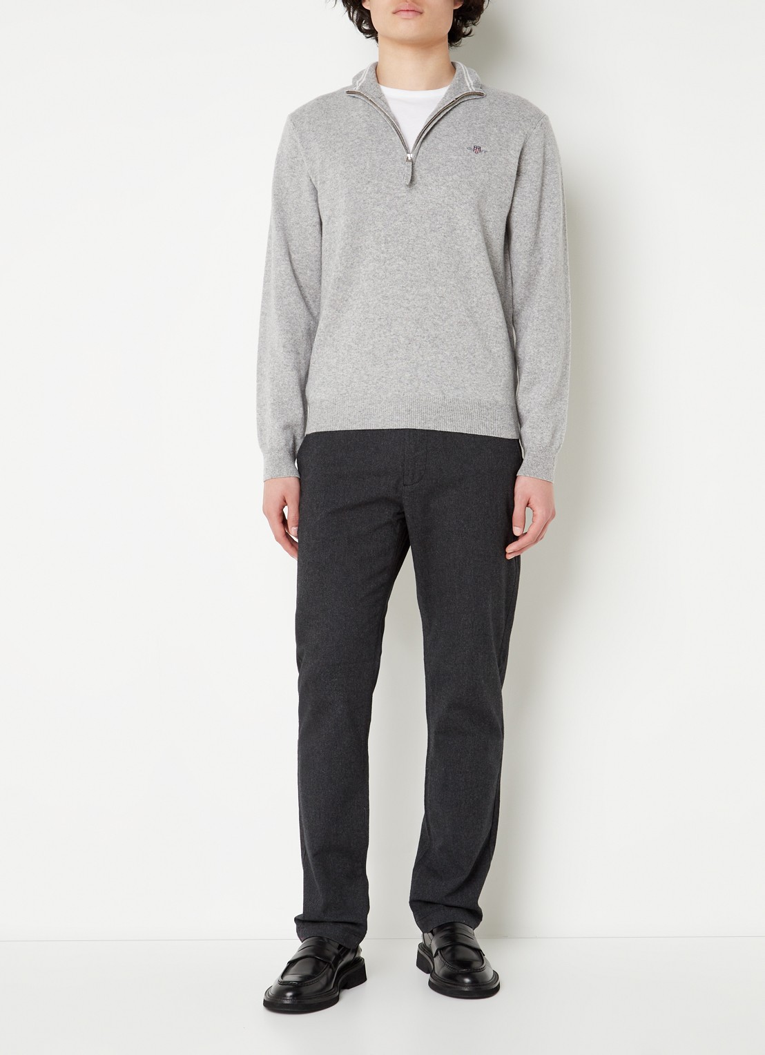 Gant Fijngebreide pullover van wol met halve rits - voorkant 3 grijsmele