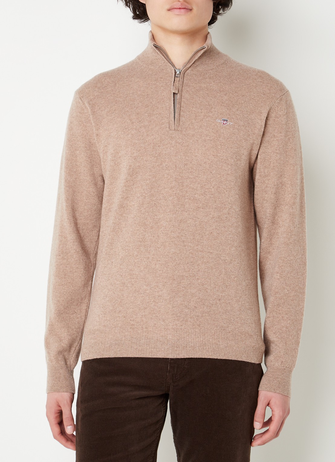 Gant Fijngebreide pullover van wol met halve rits - detail 2 zand