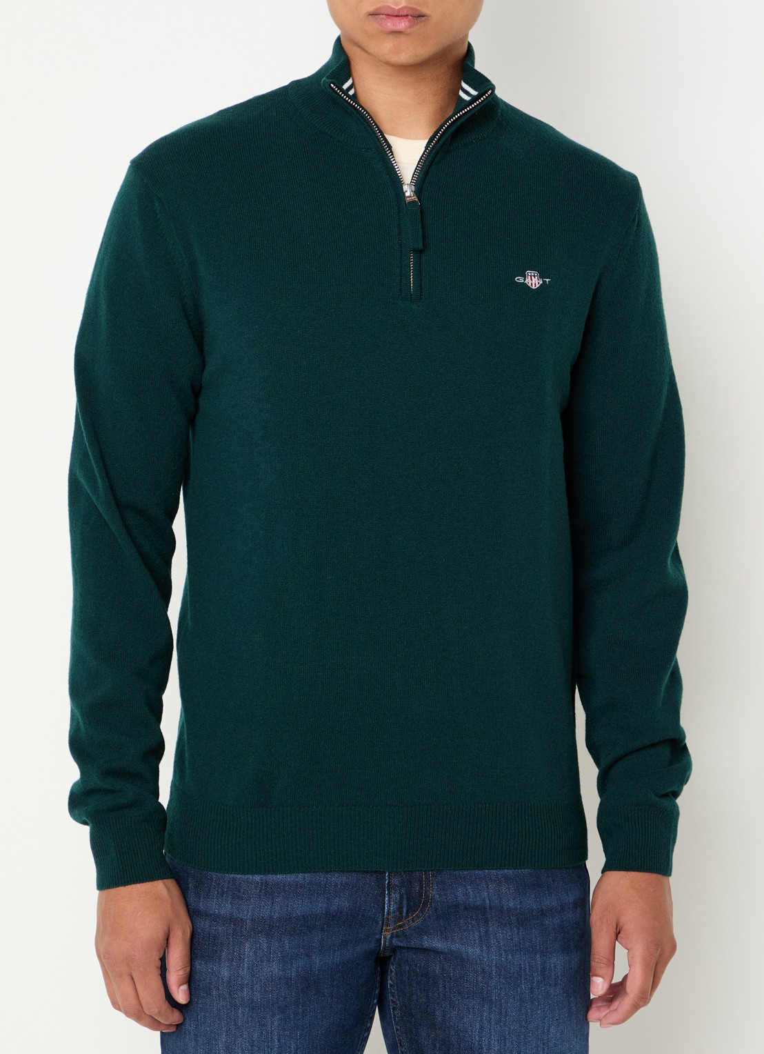 Gant Fijngebreide pullover van wol met halve rits - detail 3 donkergroen