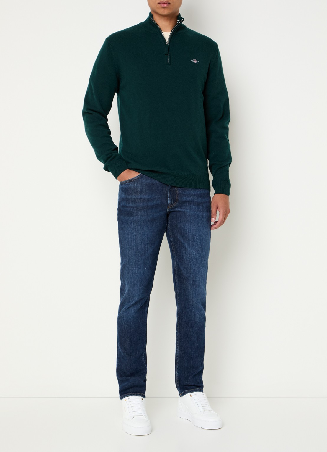 Gant Fijngebreide pullover van wol met halve rits - voorkant 2 donkergroen