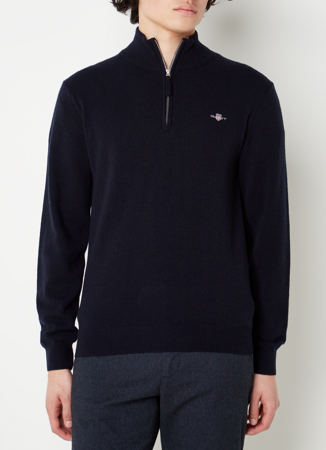 Gant Fijngebreide pullover van wol met halve rits - detail blauw