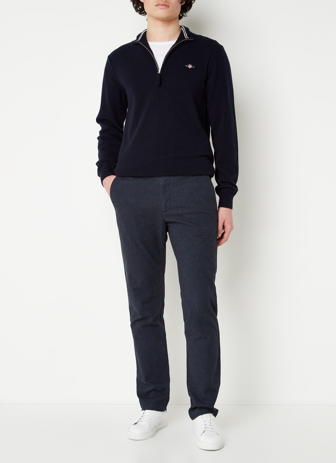 Gant Fijngebreide pullover van wol met halve rits - voorkant 4 blauw