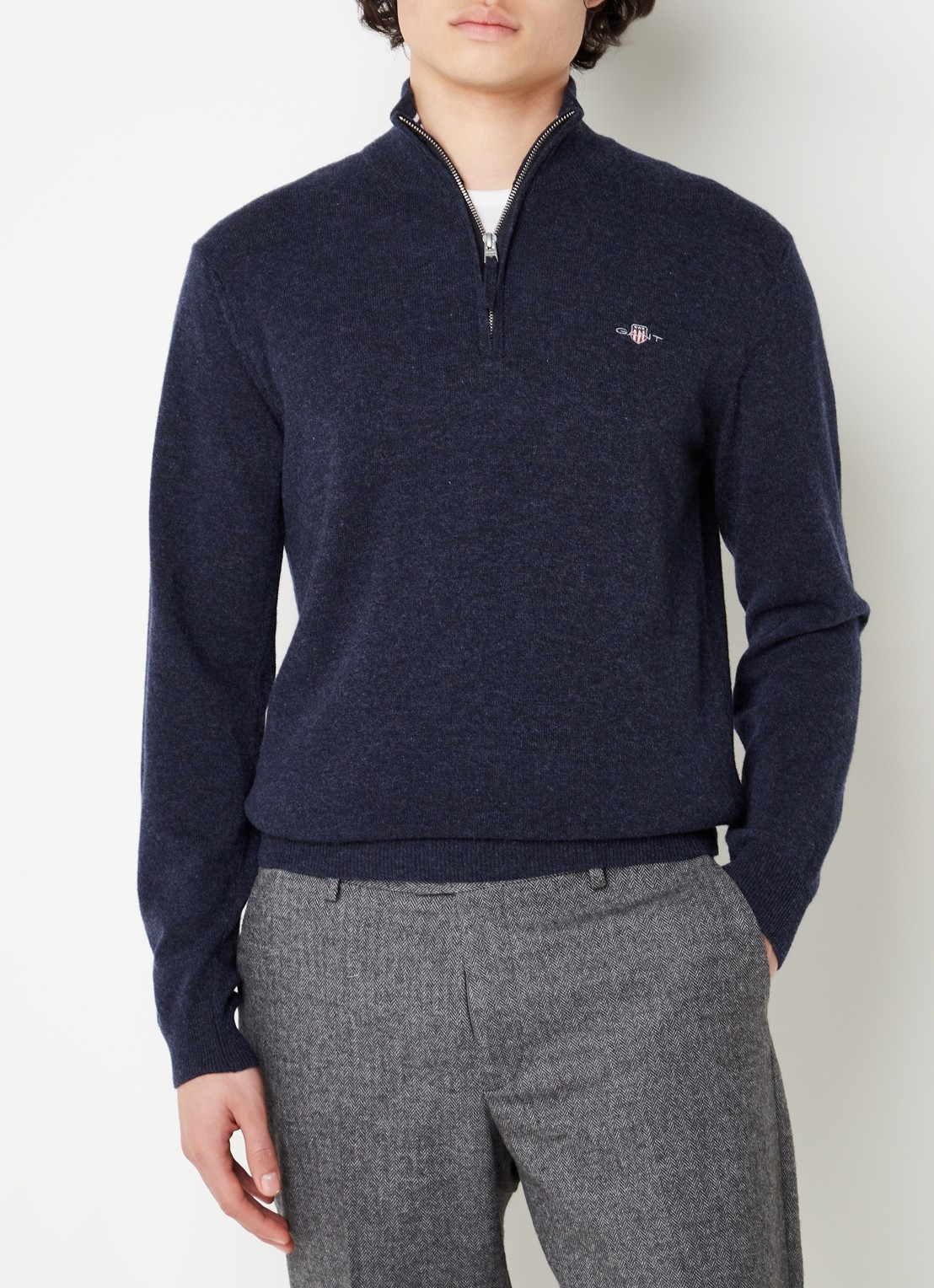 Gant Fijngebreide pullover van wol met halve rits - detail 4 indigo