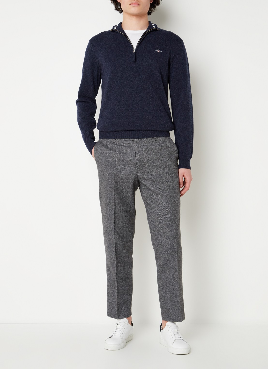 Gant Fijngebreide pullover van wol met halve rits - voorkant 2 indigo