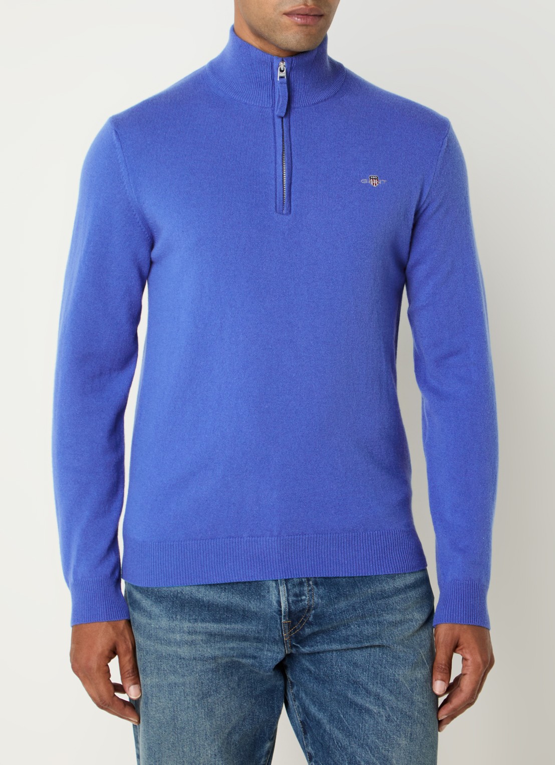 Gant Fijngebreide pullover van wol met halve rits - detail 4 royalblauw