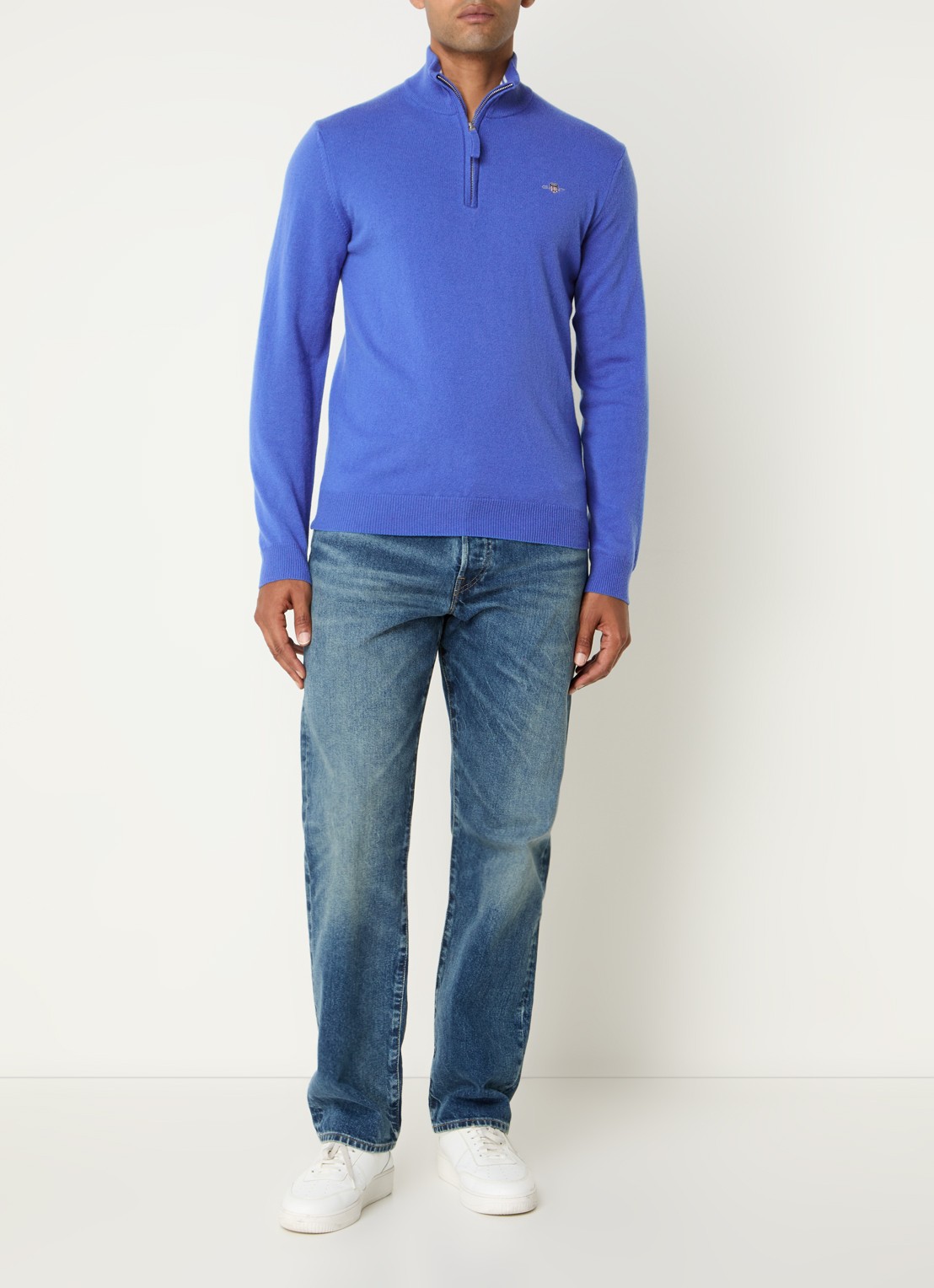 Gant Fijngebreide pullover van wol met halve rits - voorkant 2 royalblauw