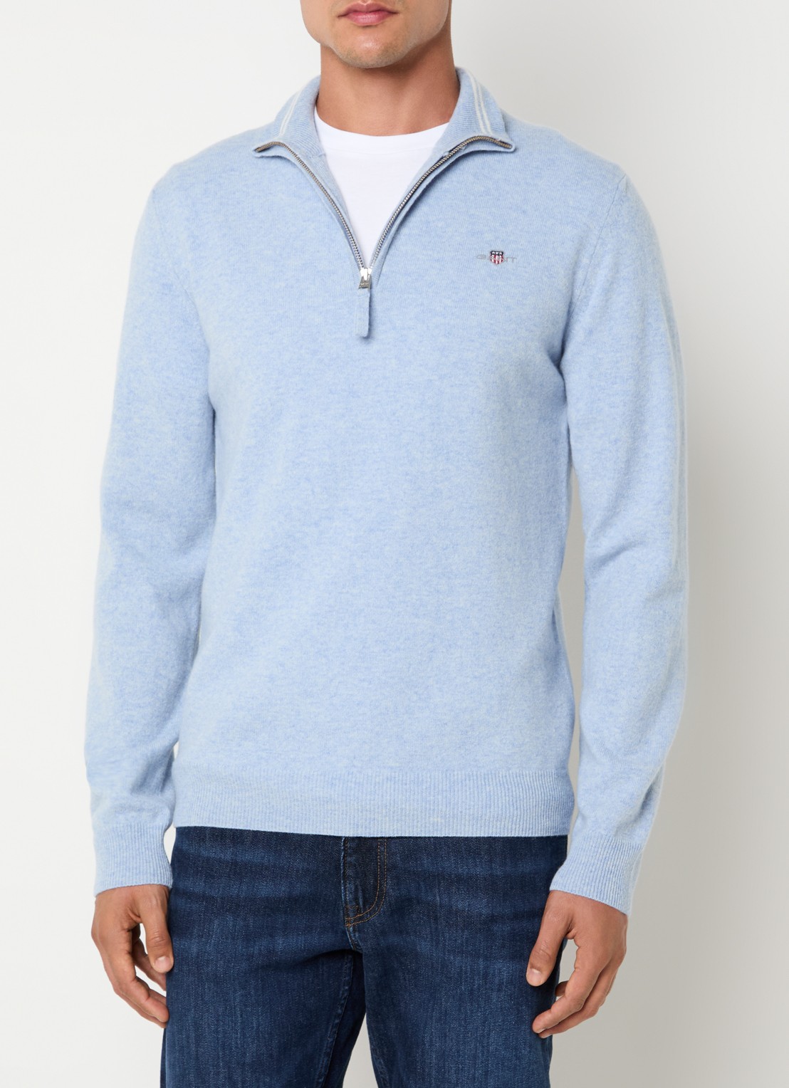 Gant Fijngebreide pullover van wol met halve rits - detail 4 lichtblauw