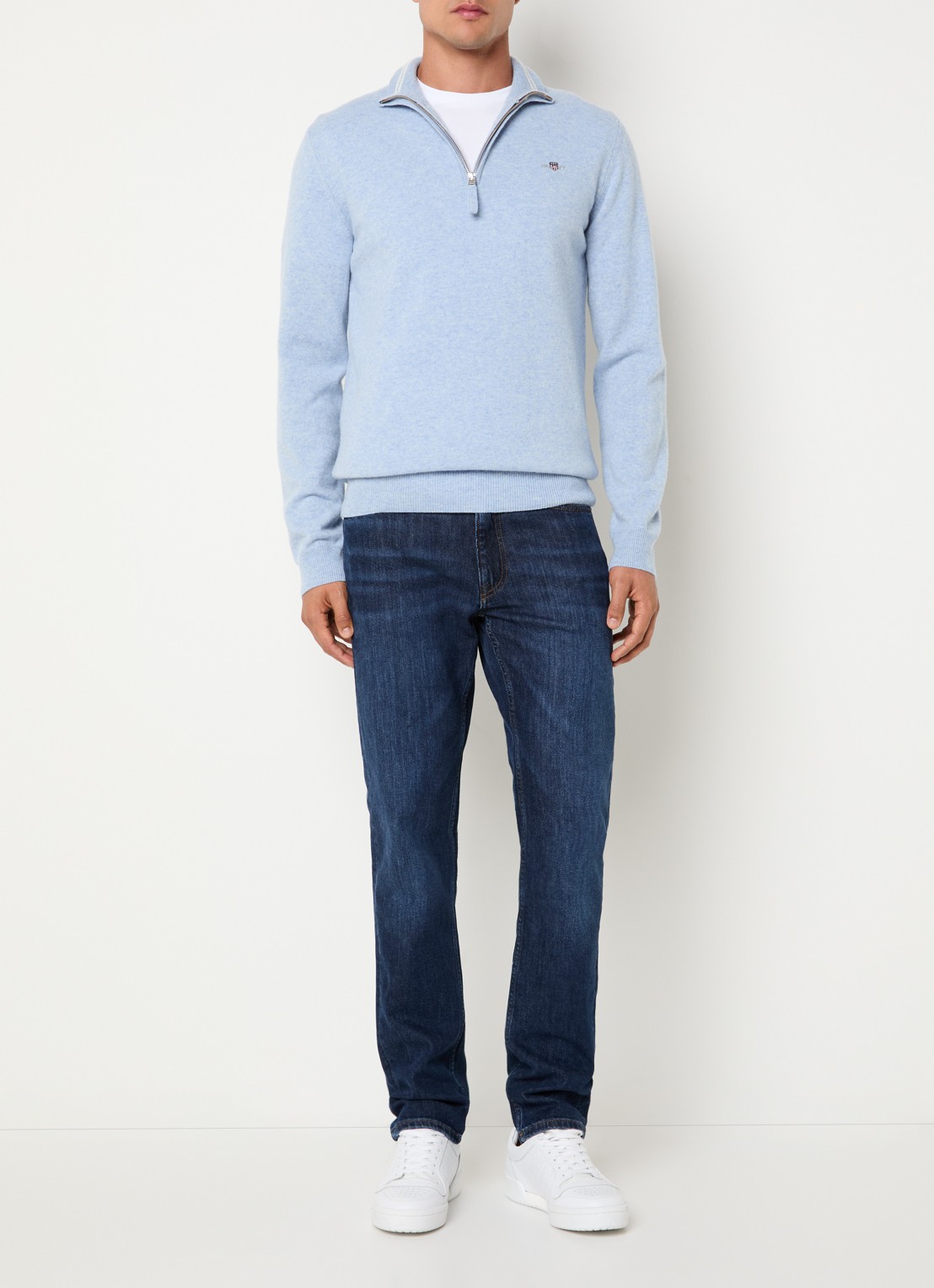 Gant Fijngebreide pullover van wol met halve rits - voorkant 3 lichtblauw