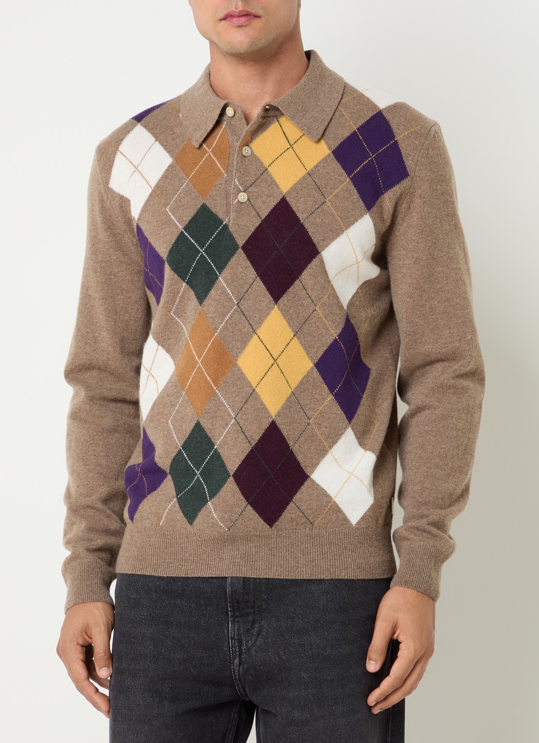 Gant Fijngebreide pullover van wol met kraag - detail donkerbeige