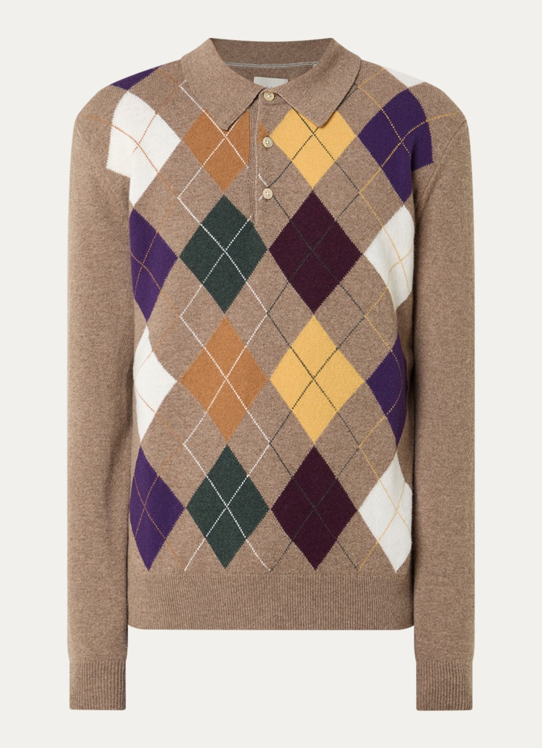 Gant Fijngebreide pullover van wol met kraag - voorkant 3 donkerbeige