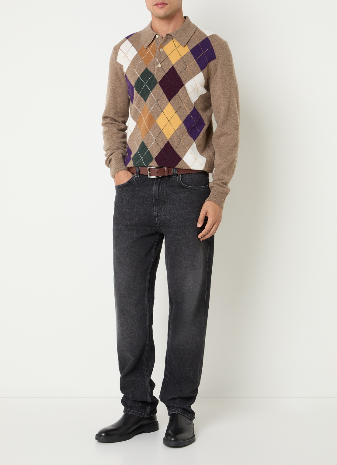 Gant Fijngebreide pullover van wol met kraag - voorkant 4 donkerbeige