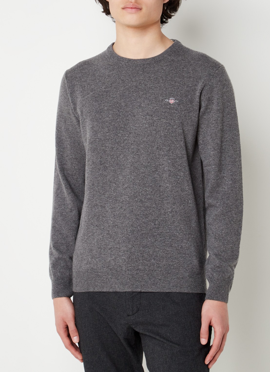 Gant Fijngebreide pullover van wol met logoborduring - detail 3 donkergrijs
