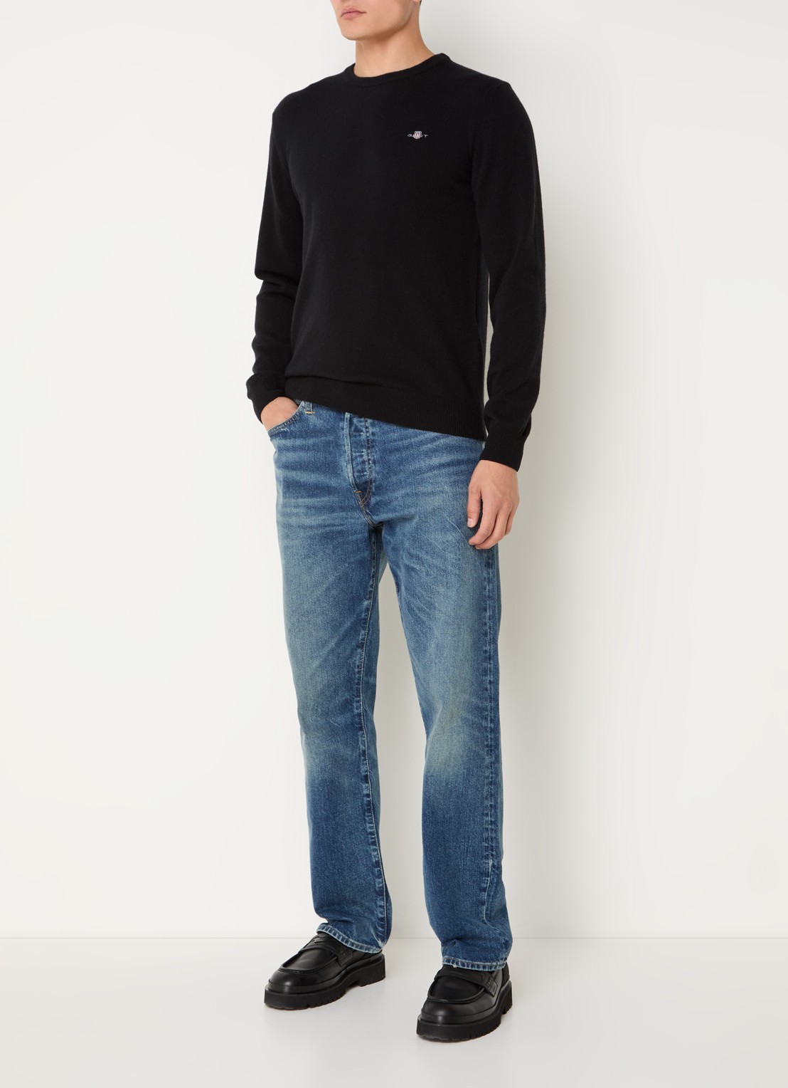 Gant Fijngebreide pullover van wol met logoborduring - voorkant 3 zwart