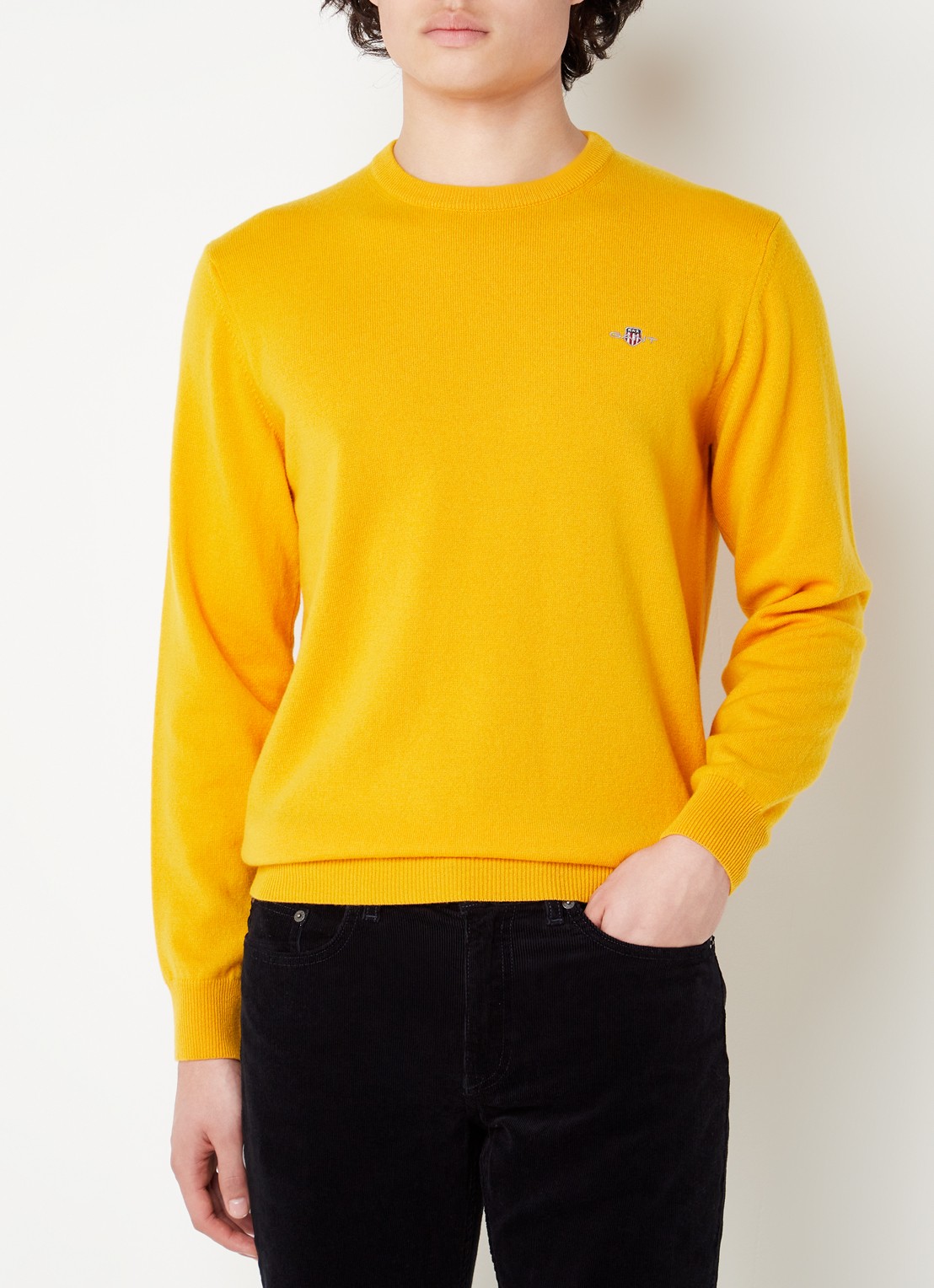 Gant Fijngebreide pullover van wol met logoborduring - detail 3 donkergeel