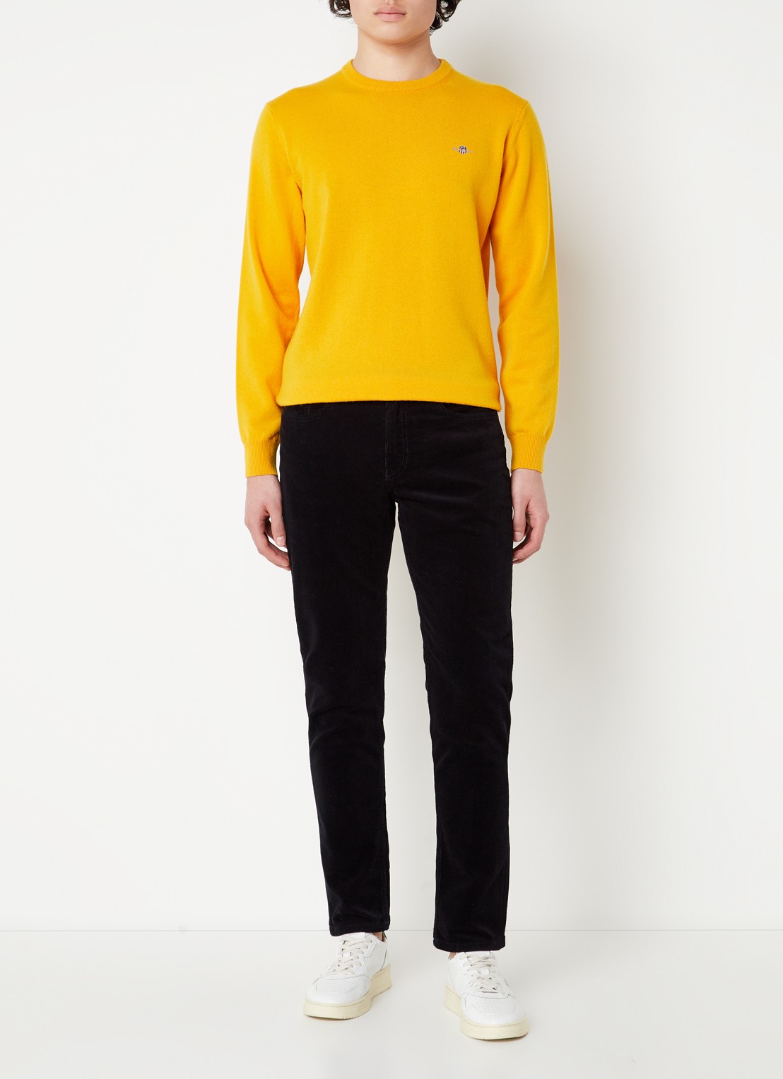 Gant Fijngebreide pullover van wol met logoborduring - voorkant 2 donkergeel