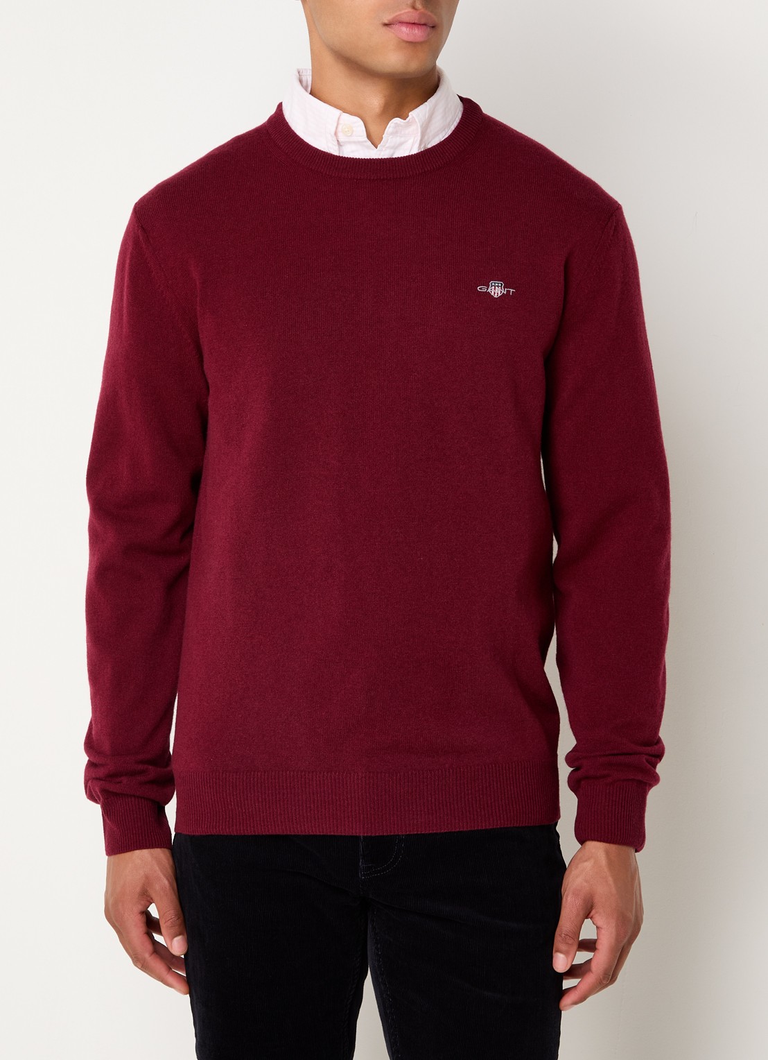 Gant Fijngebreide pullover van wol met logoborduring - detail 3 donkerrood