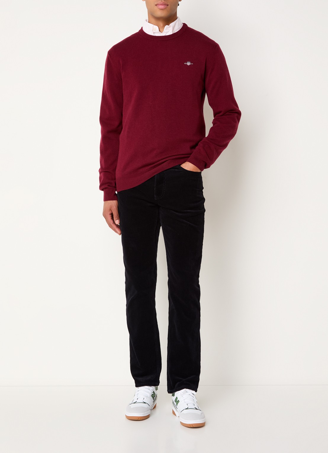Gant Fijngebreide pullover van wol met logoborduring - voorkant 2 donkerrood