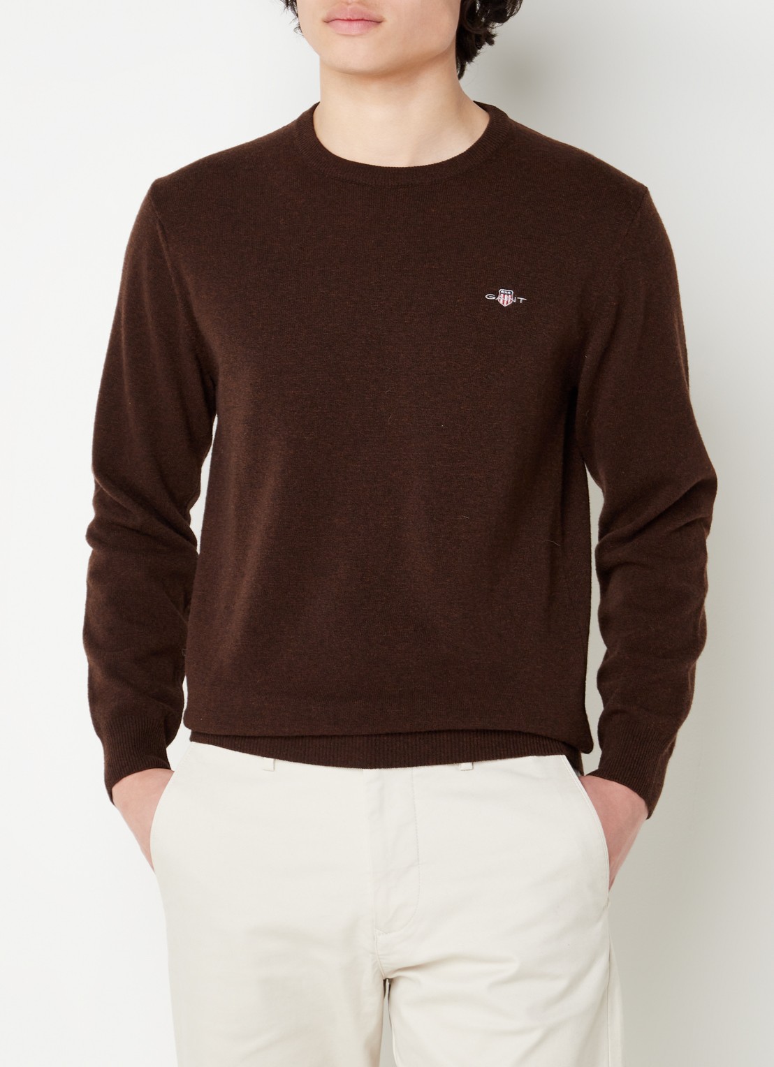 Gant Fijngebreide pullover van wol met logoborduring - detail 3 donkerbruin