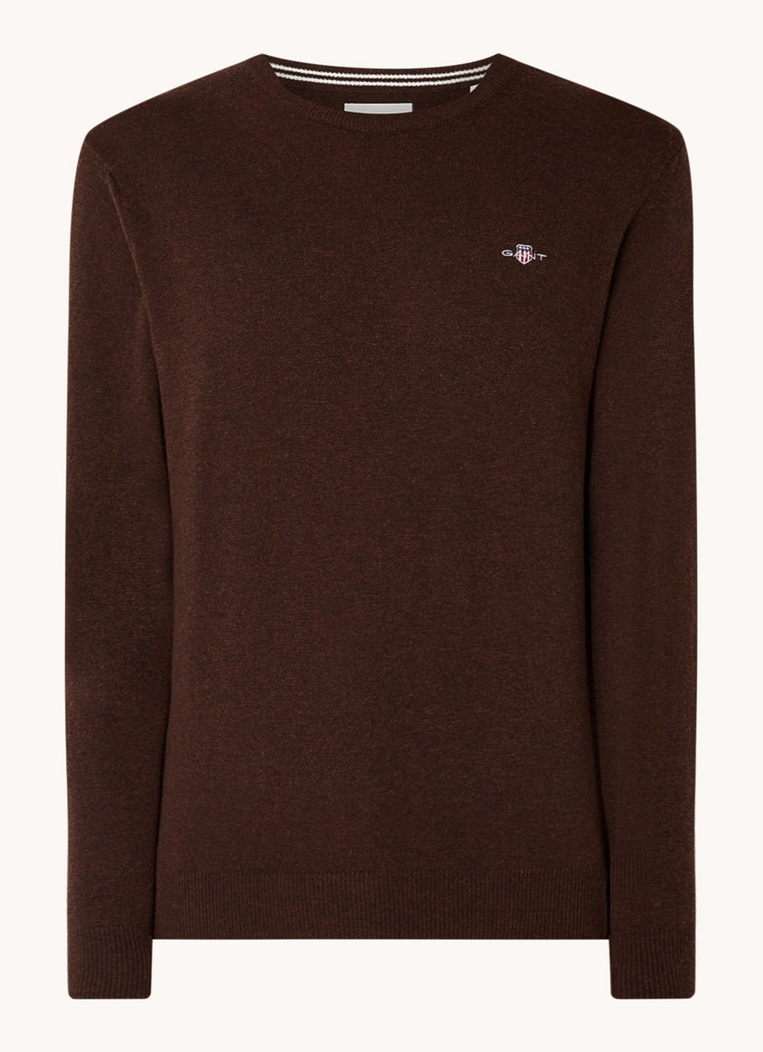 Gant Fijngebreide pullover van wol met logoborduring - voorkant donkerbruin