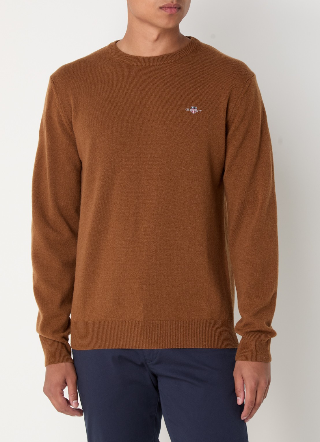 Gant Fijngebreide pullover van wol met logoborduring - detail 3 chocoladebruin
