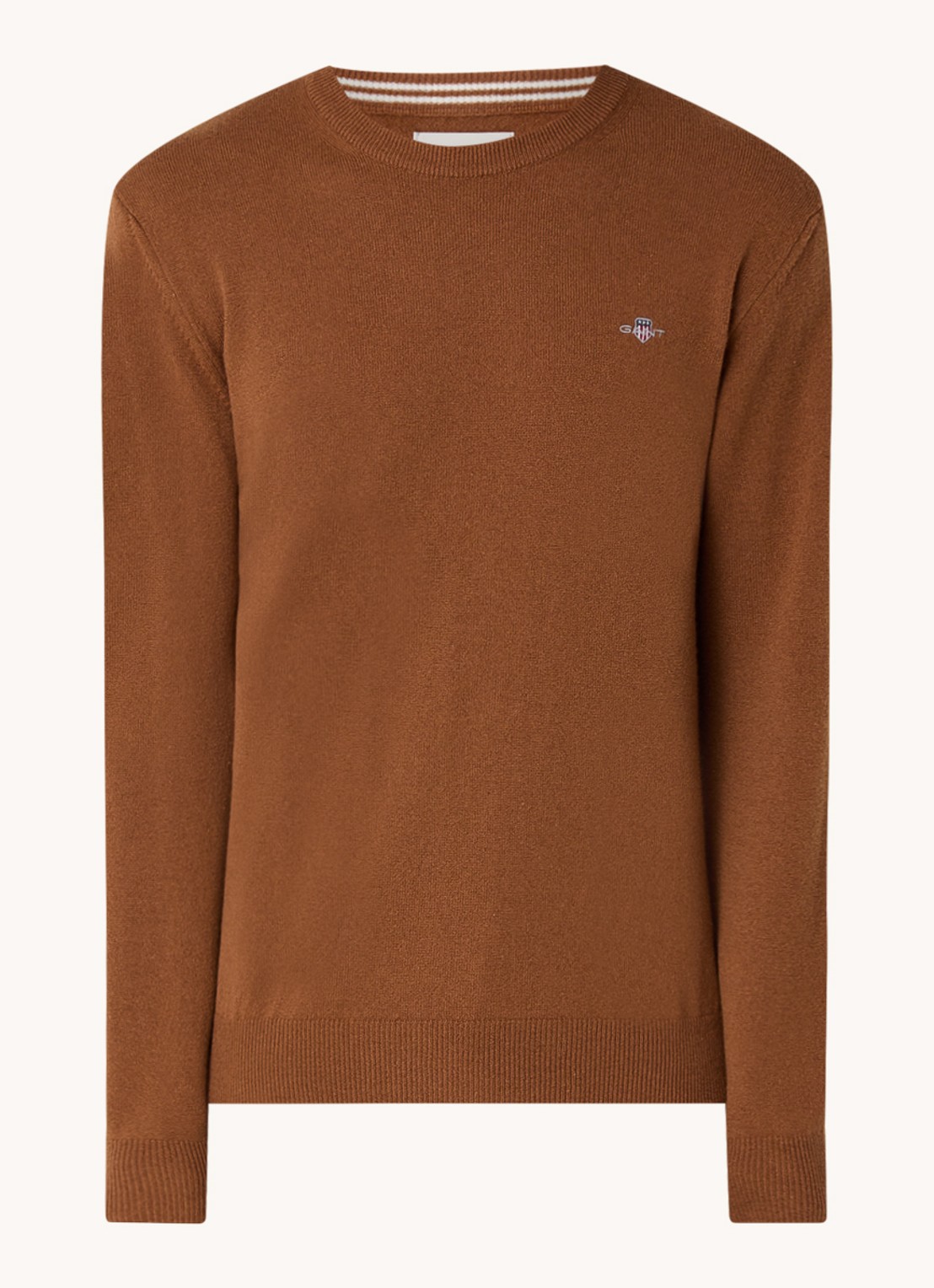 Gant Fijngebreide pullover van wol met logoborduring - voorkant chocoladebruin