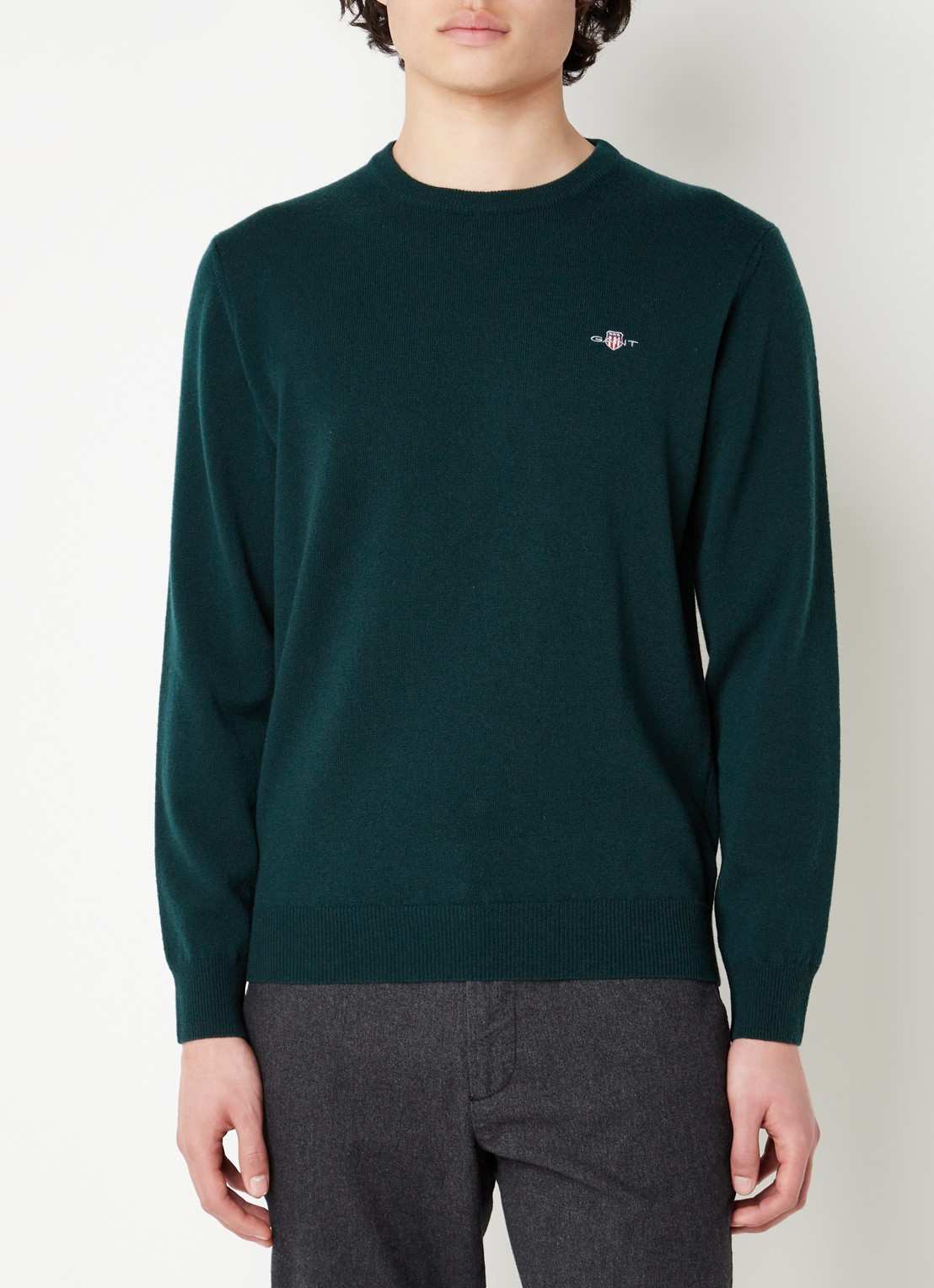 Gant Fijngebreide pullover van wol met logoborduring - detail donkergroen