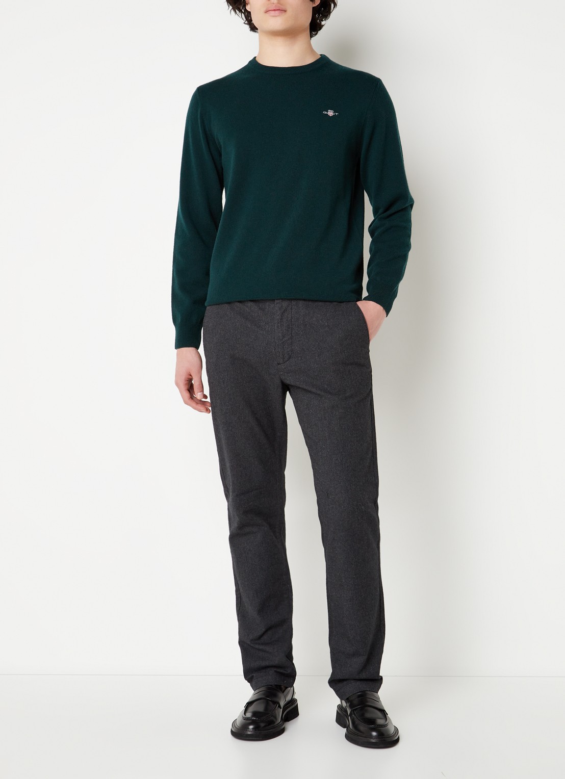 Gant Fijngebreide pullover van wol met logoborduring - voorkant 3 donkergroen