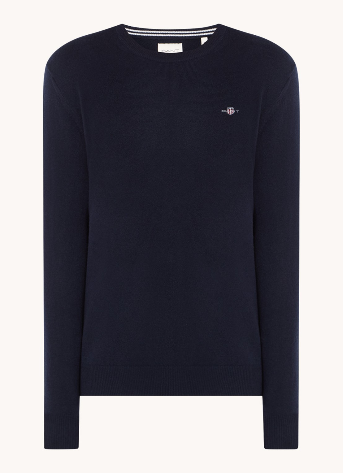 Gant Fijngebreide pullover van wol met logoborduring - voorkant 2 donkerblauw