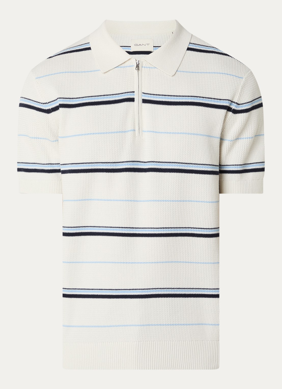 Gant Fijngebreide regular fit polo met streepprint - voorkant 3 gebroken wit