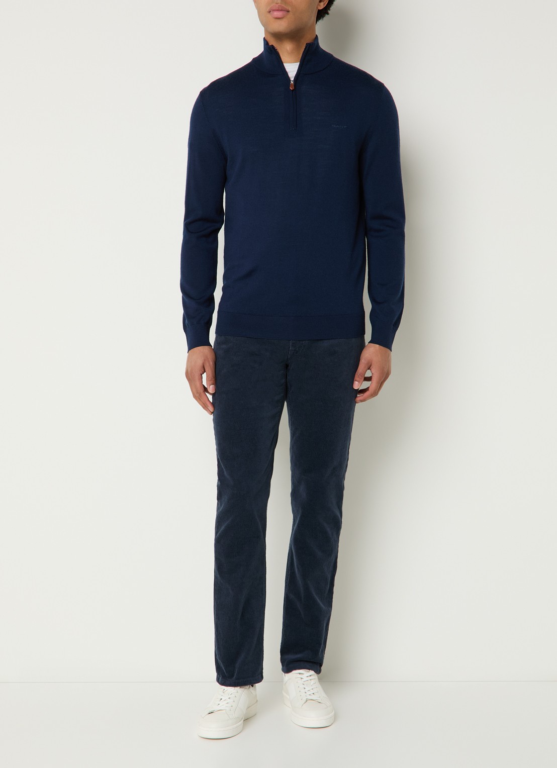 Gant Fijngebreide trui in merino wol met halve rits - voorkant 4 donkerblauw