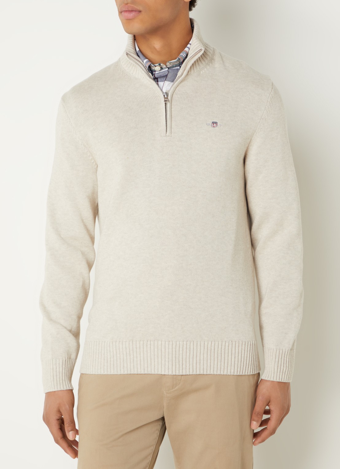 Gant Fijngebreide trui met halve rits en logo - detail beige