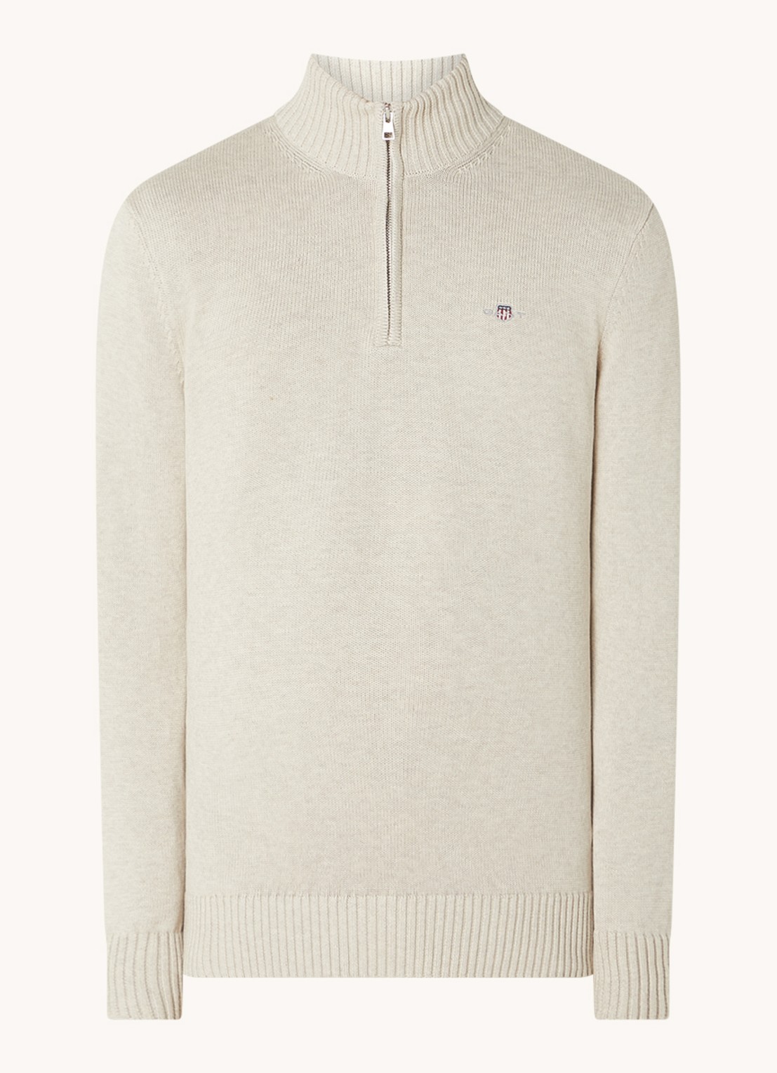 Gant Fijngebreide trui met halve rits en logo - voorkant 2 beige