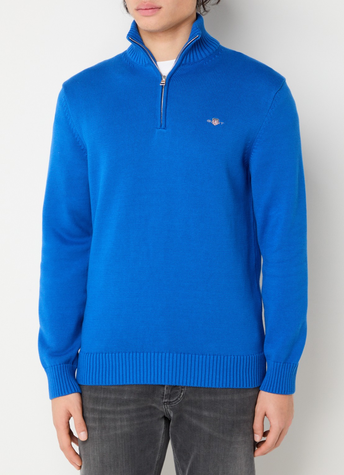 Gant Fijngebreide trui met halve rits en logo - detail blauw
