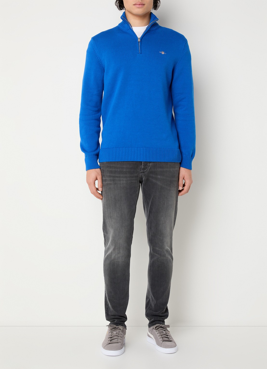 Gant Fijngebreide trui met halve rits en logo - voorkant 4 blauw