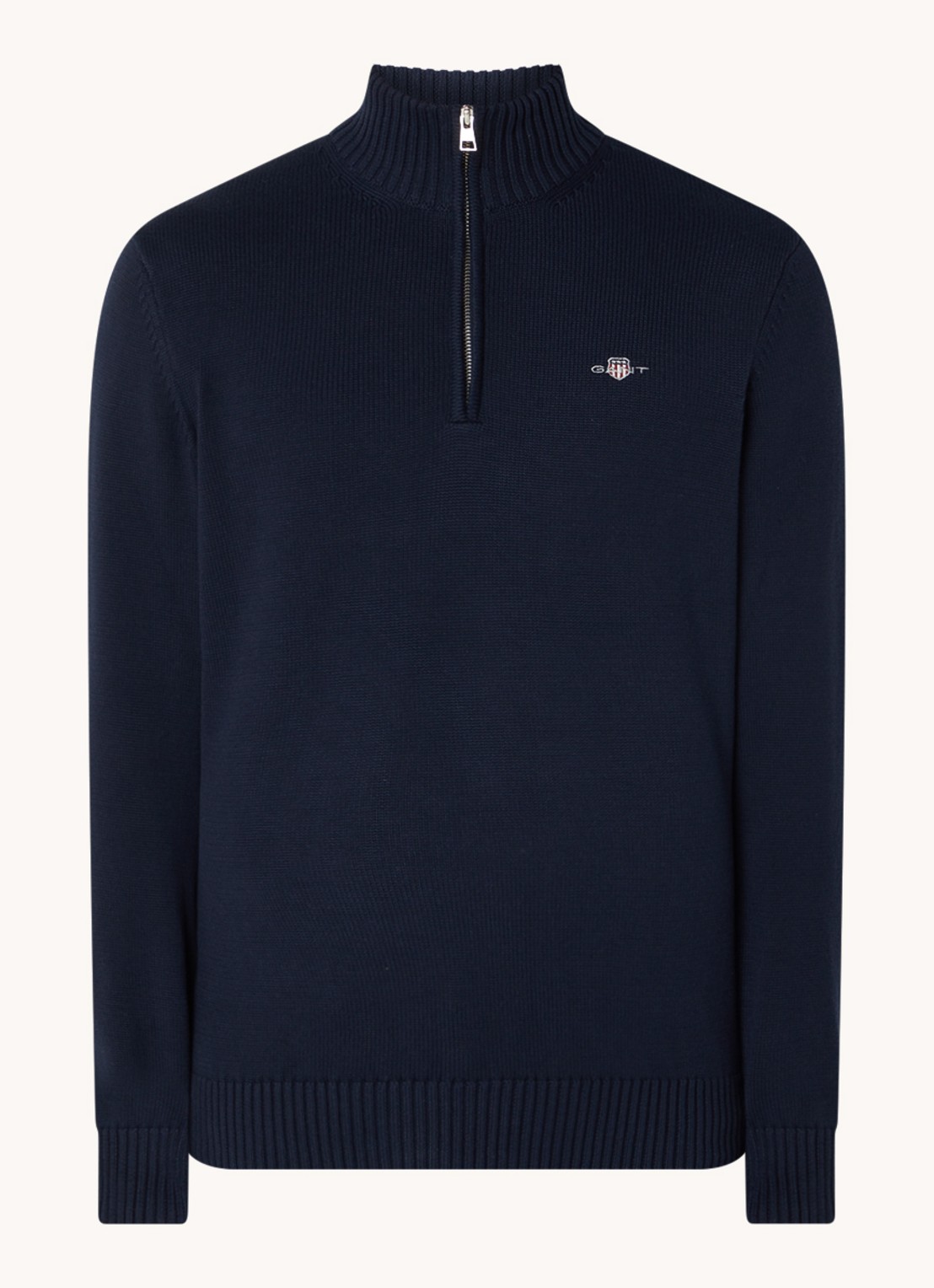 Gant Fijngebreide trui met halve rits en logo - voorkant 2 donkerblauw
