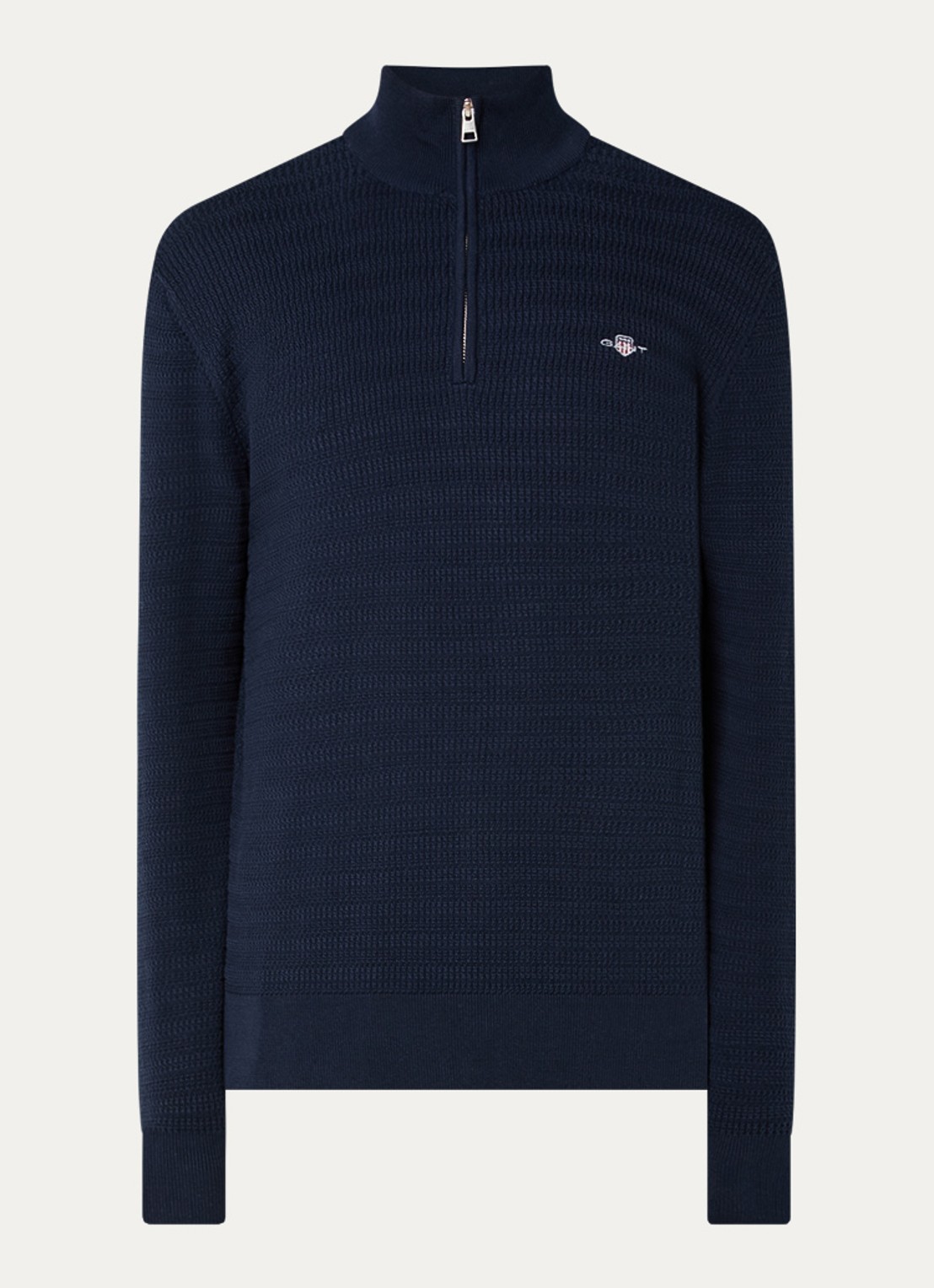 Gant Fijngebreide trui met halve rits en logoborduring - voorkant 3 donkerblauw