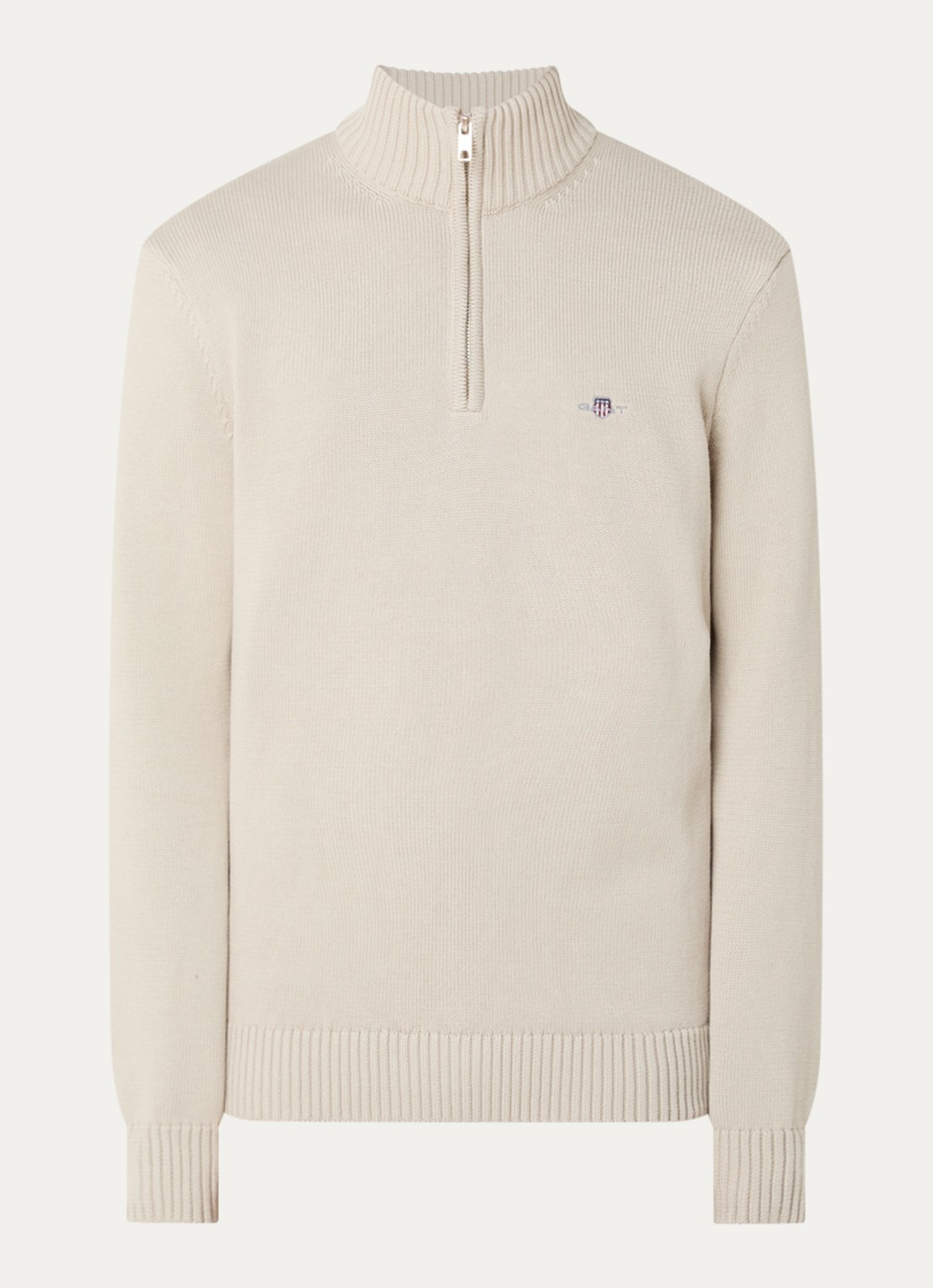 Gant Fijngebreide trui met halve rits en logoborduring - voorkant 3 creme