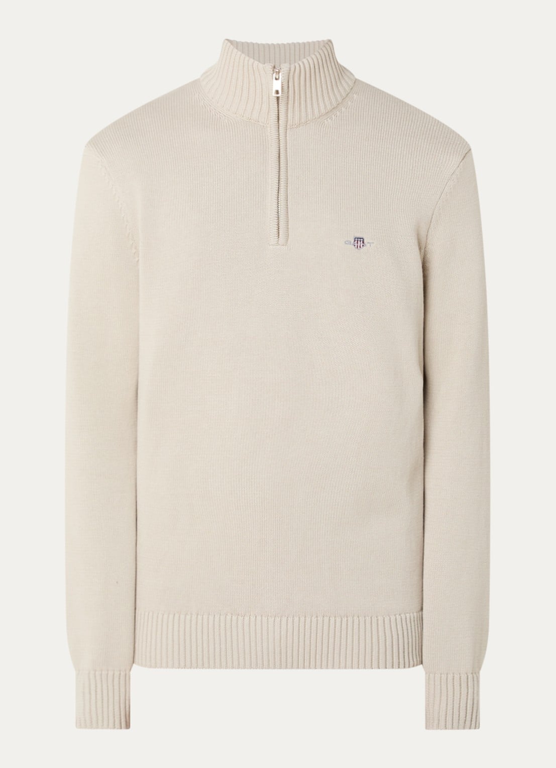 Gant Fijngebreide trui met halve rits en logoborduring - voorkant 3 beige