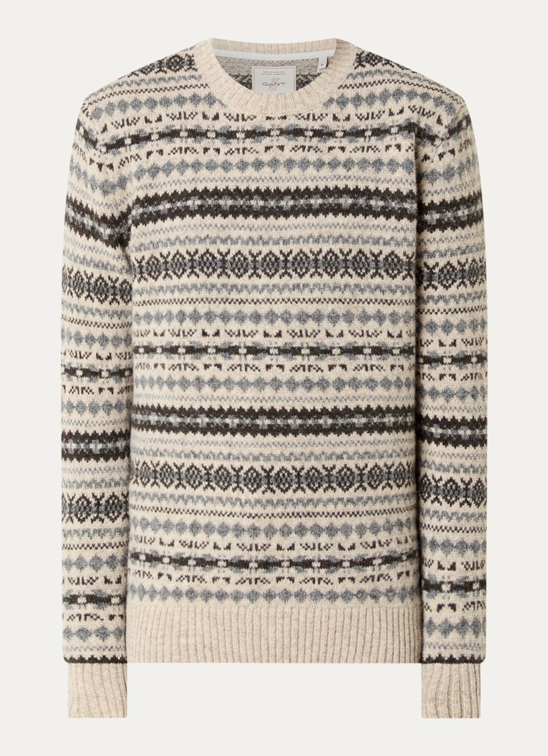 Gant Fijngebreide trui van wol met grafische print - voorkant 3 beige