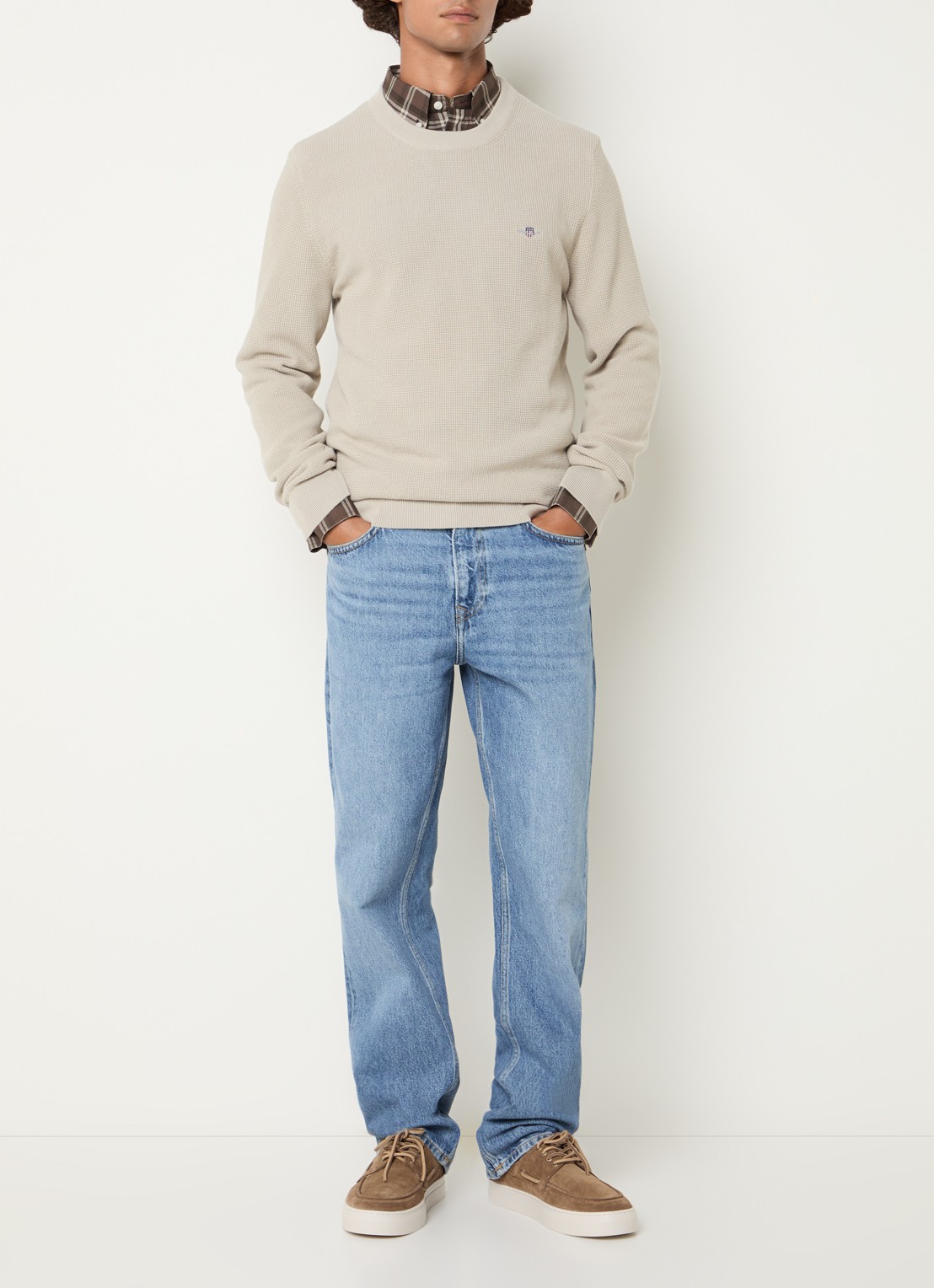 Gant Grofgebreide trui met logo - voorkant 2 beige