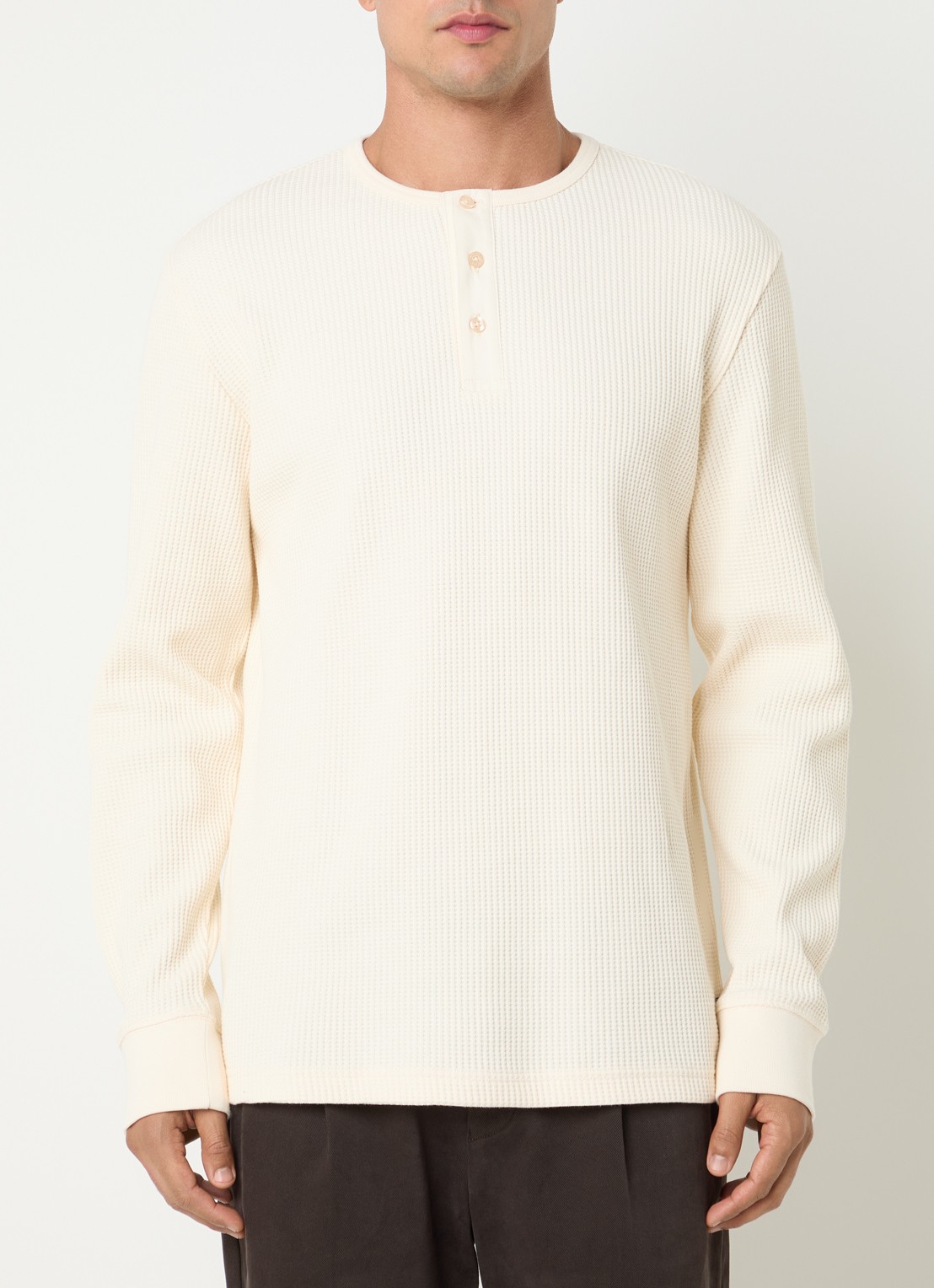 Gant Henley fijngebreide pullover met structuur - detail naturel