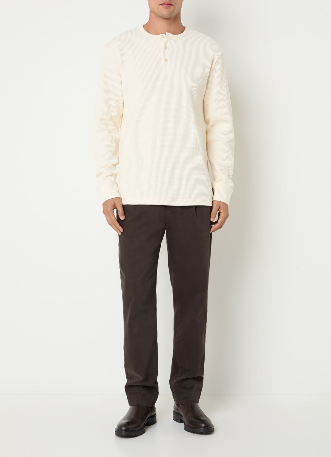 Gant Henley fijngebreide pullover met structuur - voorkant 4 naturel