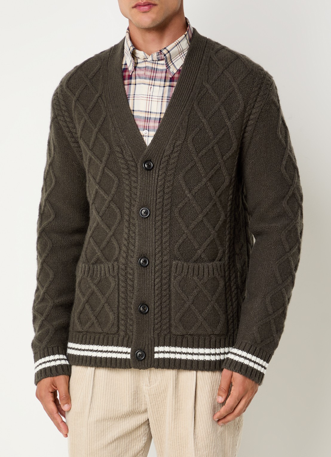 Gant Kabelgebreid vest in wolblend met opgestikte zakken - detail bruin