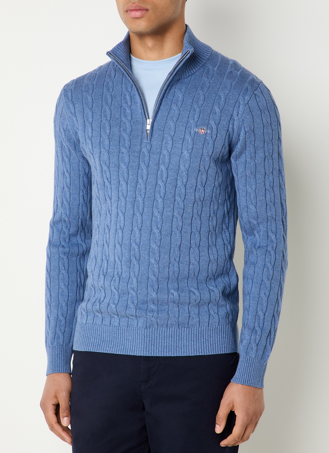 Gant Kabelgebreide trui met logo en halve rits - detail staalblauw