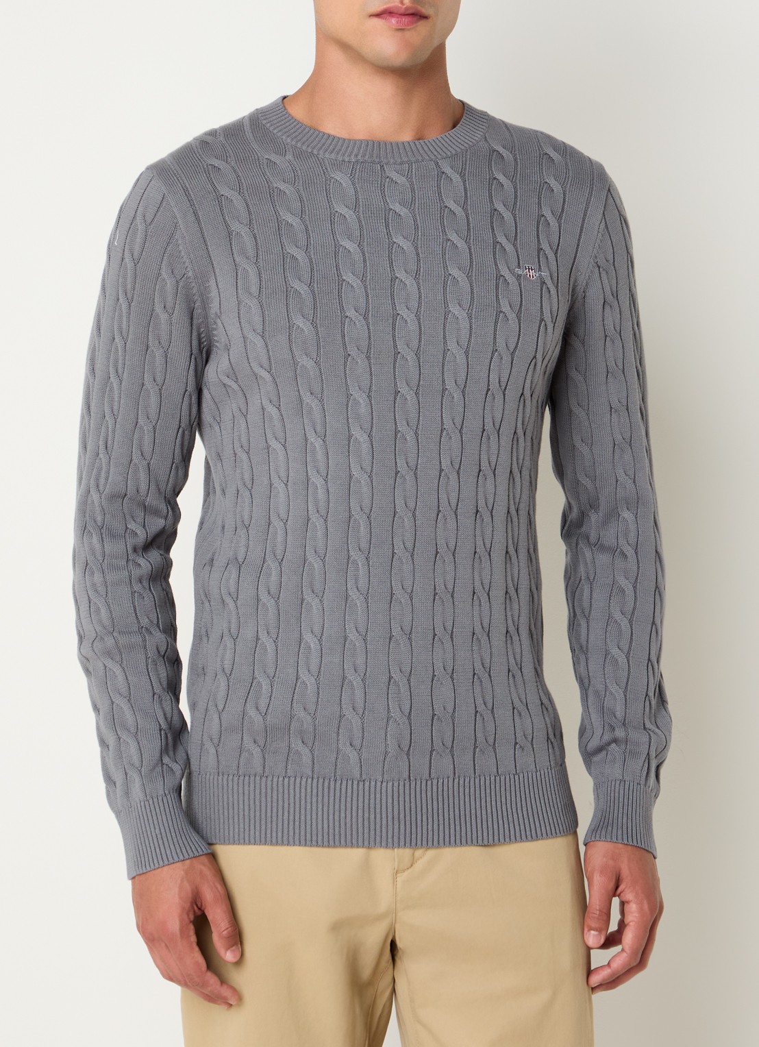 Gant Kabelgebreide trui met logoborduring - detail middengrijs
