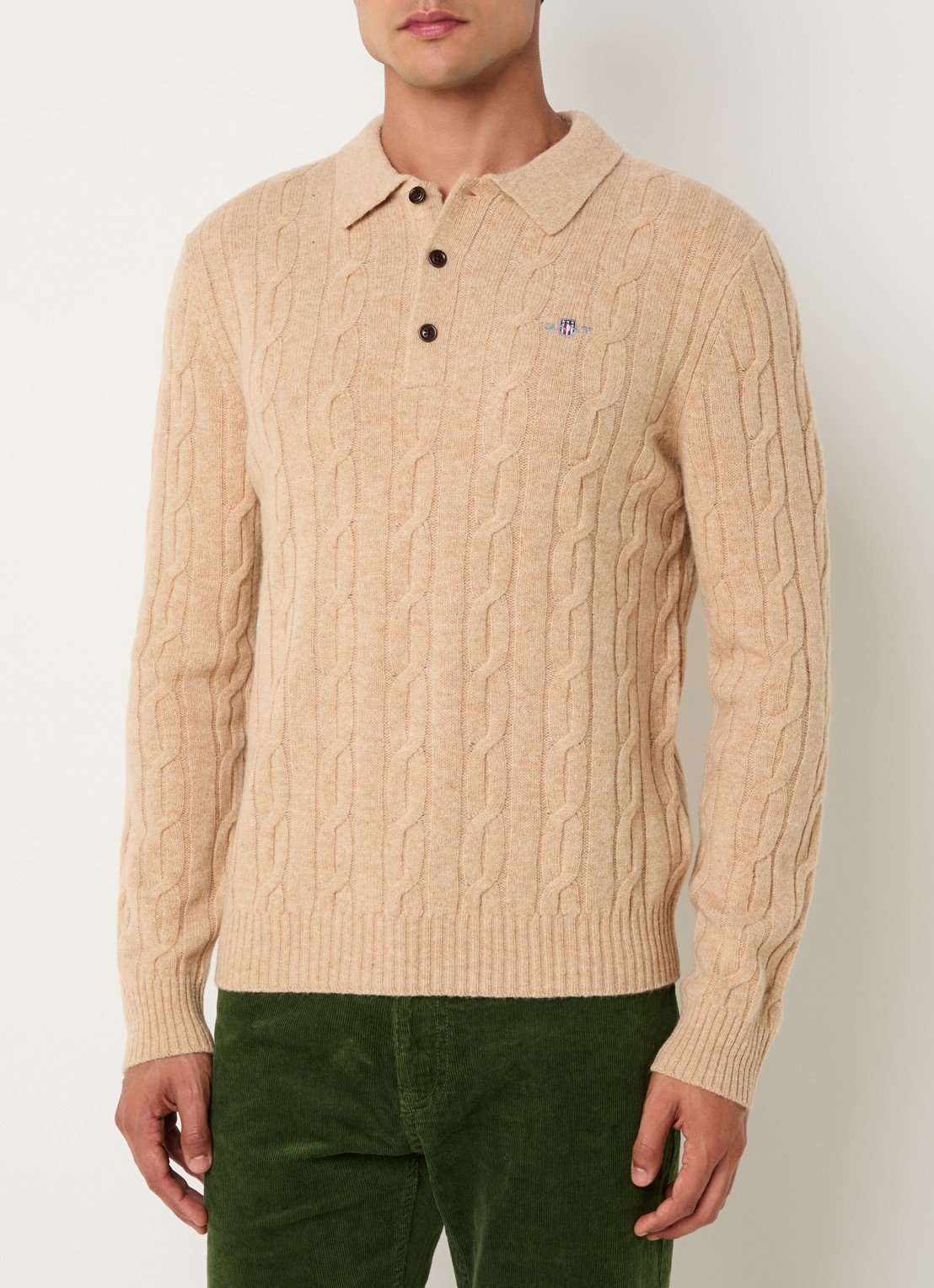 Gant Kabelgebreide trui van lamswol - detail beige