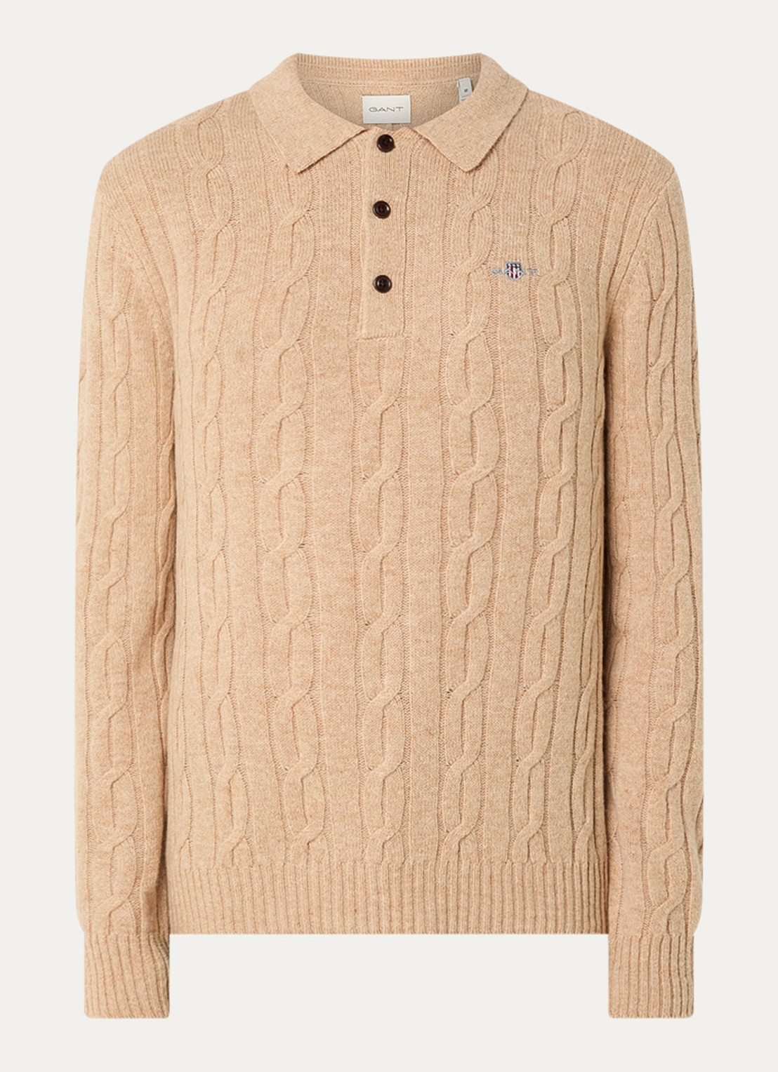 Gant Kabelgebreide trui van lamswol - voorkant 2 beige